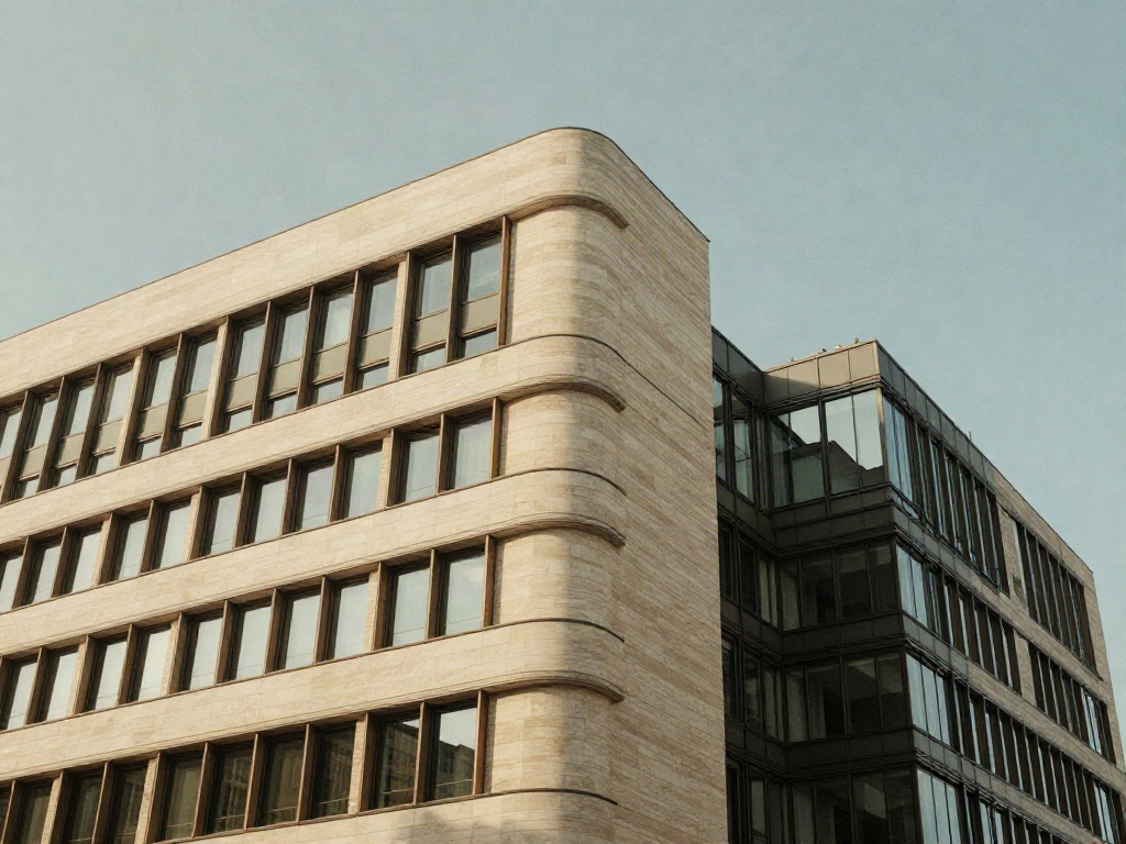 Refined, upward-reaching office architecture in warm morning light