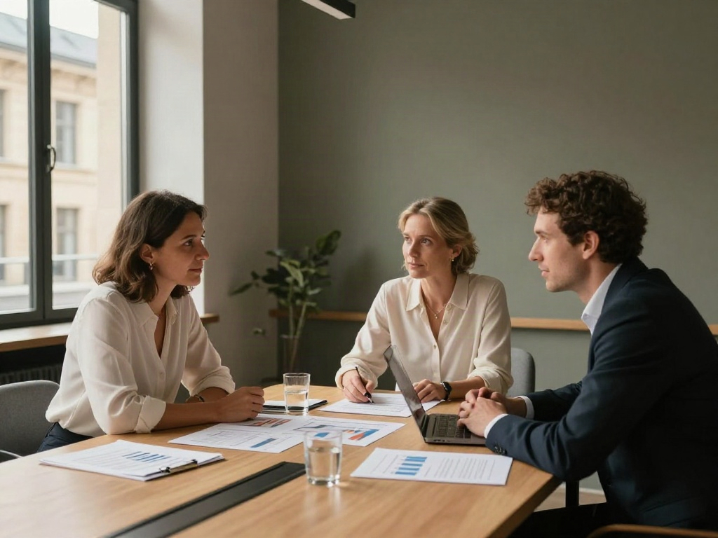 Consultants thoughtfully reviewing business reports together in a light-filled office